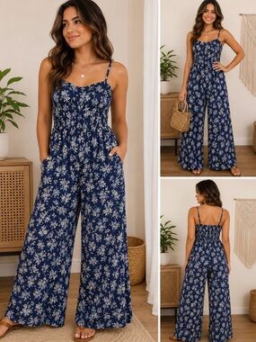 BOG Collective Floral Wide Leg Jumpsuit Blue Cottagecore Size L